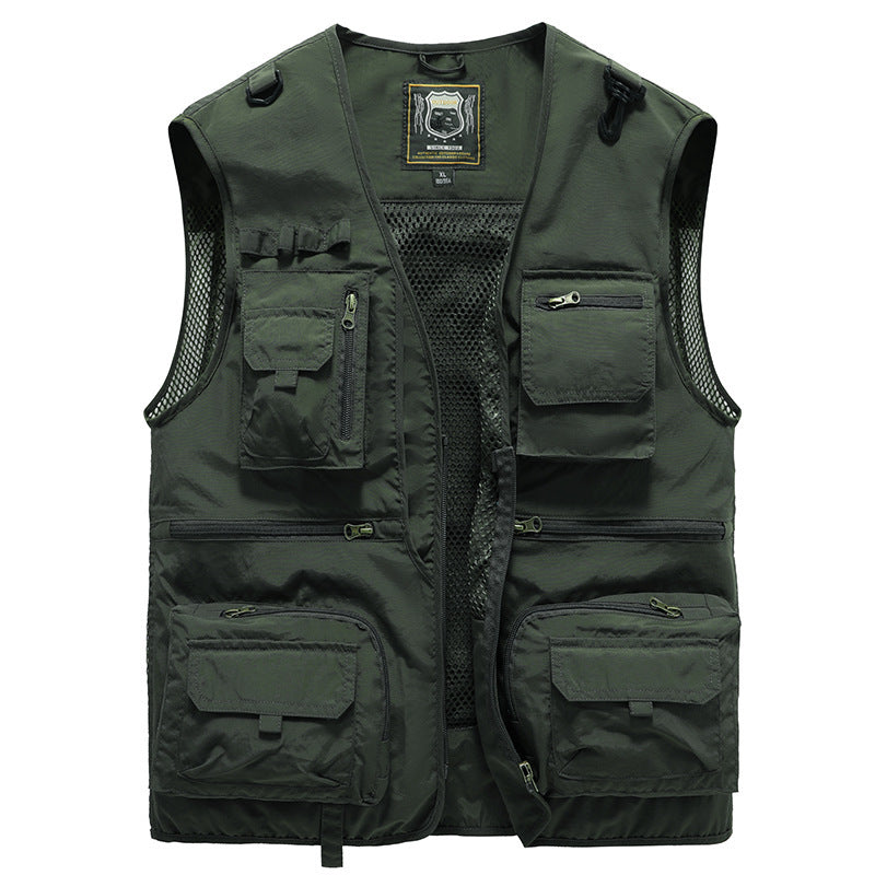 Men's Green vest with multiple pockets and a brand logo on a white background