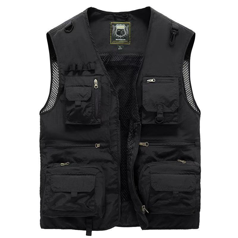 Men's Black tactical vest with multiple pockets and a visible brand logo on a white background