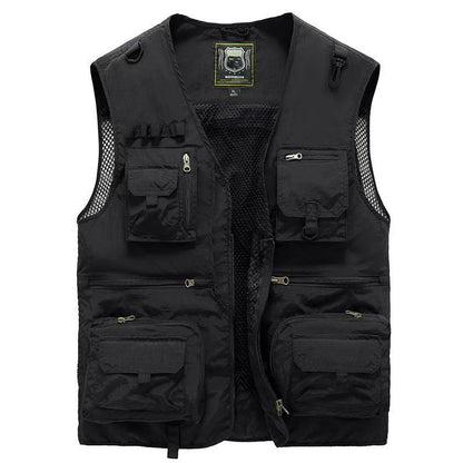 Men's Black tactical vest with multiple pockets and a visible brand logo on a white background