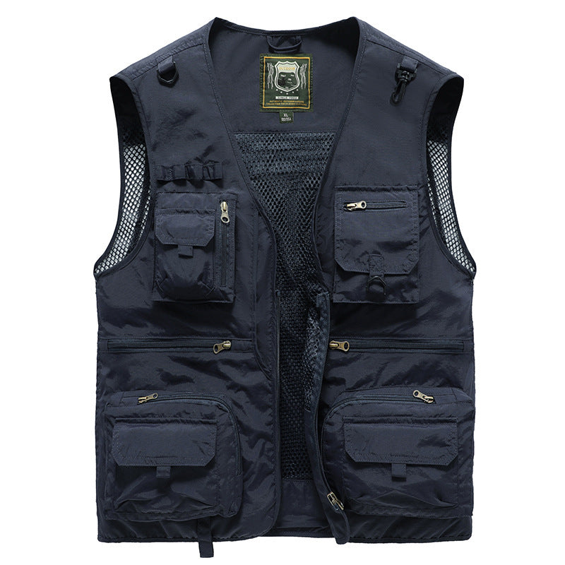 Men's Navy blue vest with multiple pockets on a white background