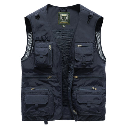 Men's Navy blue vest with multiple pockets on a white background