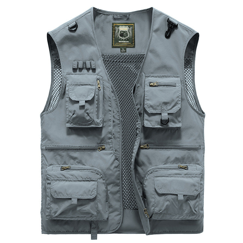 Men's Gray vest with multiple pockets and a brand logo on a white background