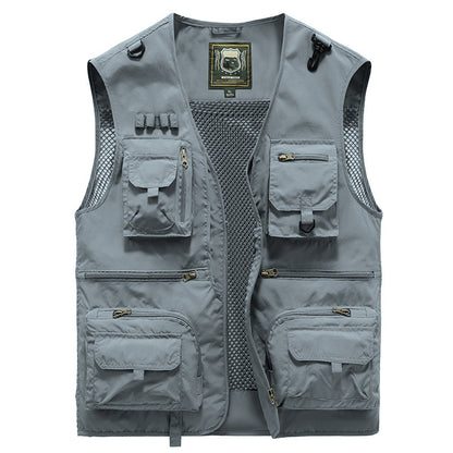 Men's Gray vest with multiple pockets and a brand logo on a white background