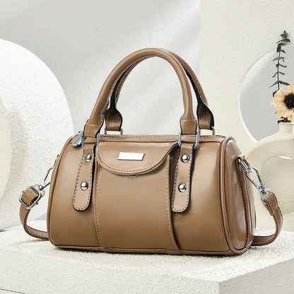 Khaki PU shoulder handbag with top handles and crossbody strap