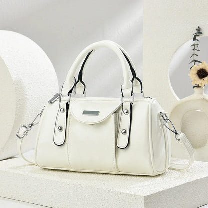 White PU shoulder handbag with top handles and crossbody strap
