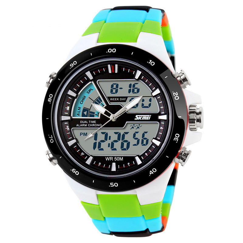 Colorful digital watch with a multicolored strap on a white background