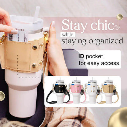 Tan leather cup holder with strap, front pocket, and metal snaps for cups
