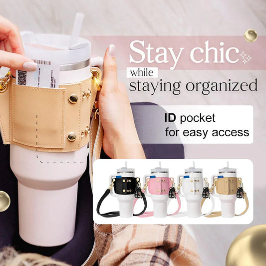 Tan leather cup holder with strap, front pocket, and metal snaps for cups
