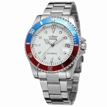 Men's stainless steel automatic watch, white dial with blue bezel and date window