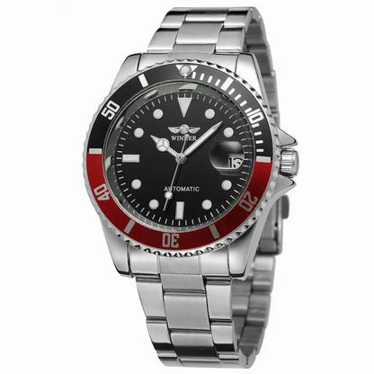 Men's stainless steel automatic watch, black dial with red bezel accents and date window
