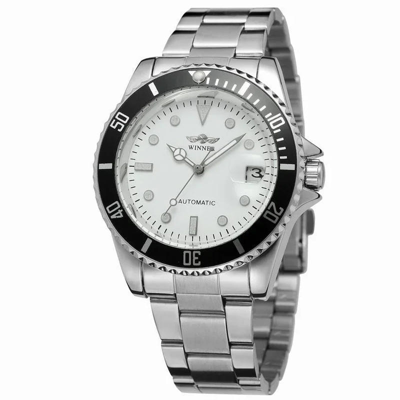 Men's stainless steel automatic watch, white dial with black bezel and date window