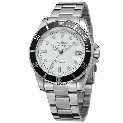 Men's stainless steel automatic watch, white dial with black bezel and date window