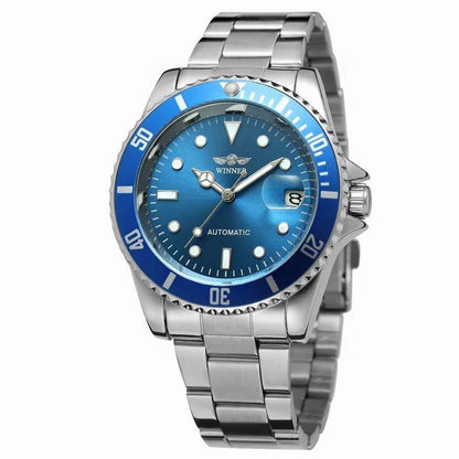 Men's stainless steel automatic watch, blue dial with blue bezel and date window