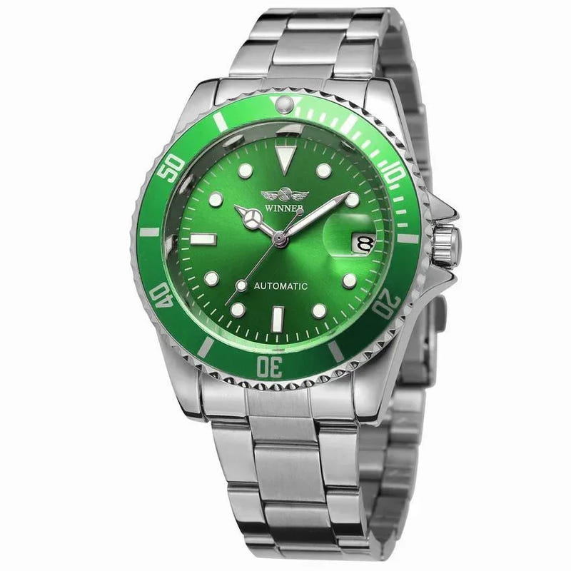 Men's stainless steel automatic watch, green dial with green bezel and date window