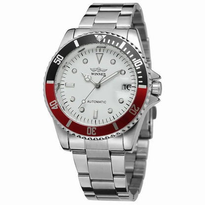 Men's stainless steel automatic watch, white dial with red bezel accents and date window
