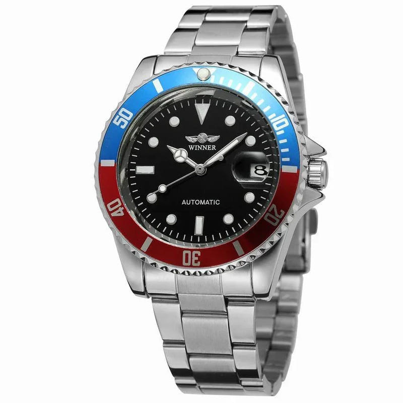 Men's stainless steel automatic watch, black dial with blue bezel accents and date window