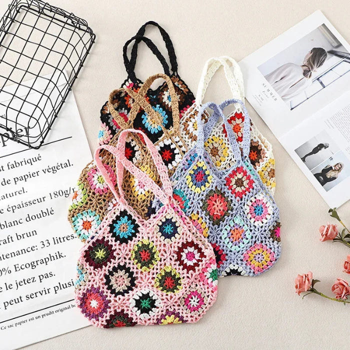 Multicolor crochet tote with floral granny-square patchwork and braided top handles