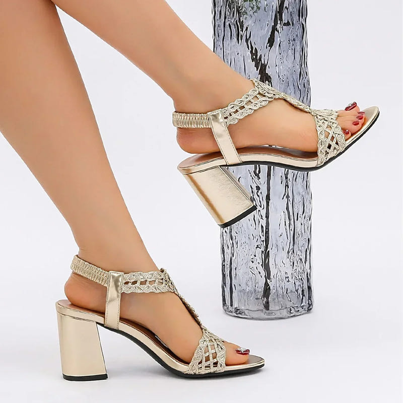 Women's gold-tone heeled sandals with silver lace ankle strap and square block heel, open toe