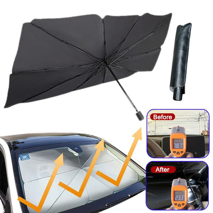 Black car sun umbrella shade with handle, folded into panels