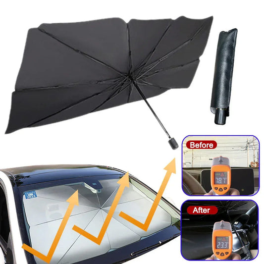 Black car sun umbrella shade with handle, folded into panels