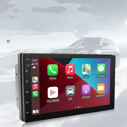 Black 7-inch car navigation radio with touchscreen display and app icons
