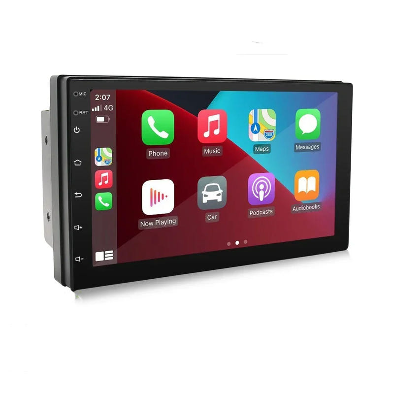 Black 7-inch car navigation radio with touchscreen and left-side control buttons