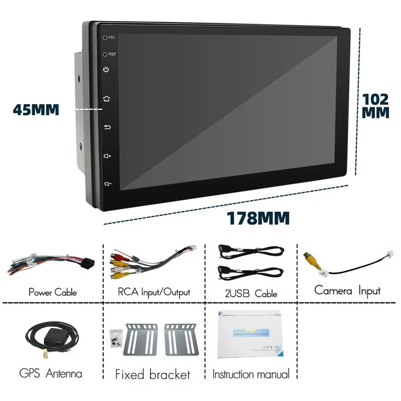 Black 7-inch car navigation radio with size guide and included wiring/cables