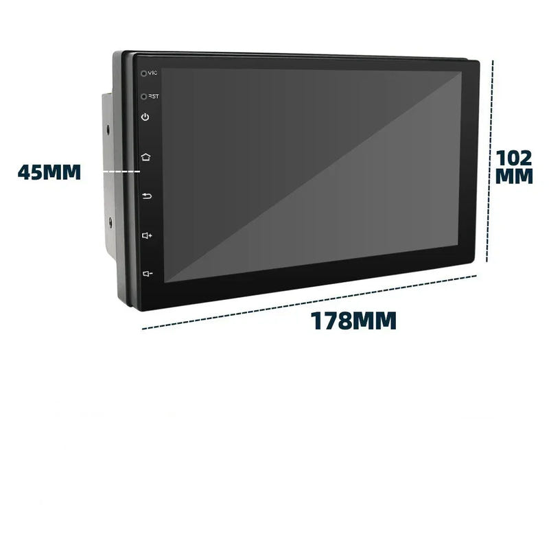 Black 7-inch car navigation radio front view with size measurements