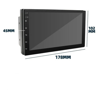 Black 7-inch car navigation radio front view with size measurements