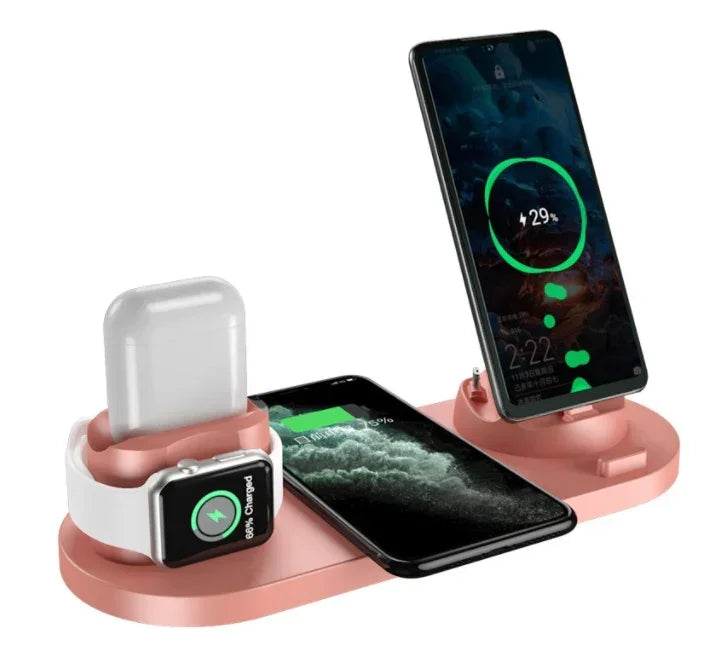 Rose-pink wireless charging dock with smartwatch and phone on dual charging pads