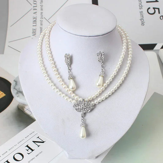 Pearl and Crystal Necklace and Earring Set - YAXSO