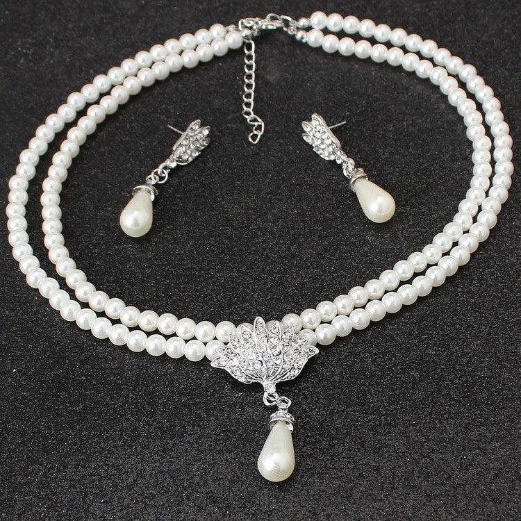 Pearl and Crystal Necklace and Earring Set - YAXSO