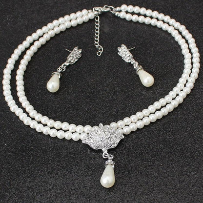 Pearl and Crystal Necklace and Earring Set - YAXSO
