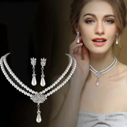 Pearl and Crystal Necklace and Earring Set - YAXSO
