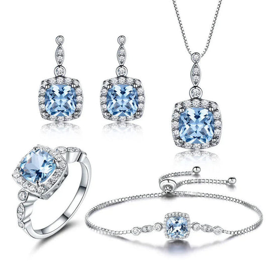 Sterling silver sky blue topaz jewelry set with ring, bracelet, necklace and earrings