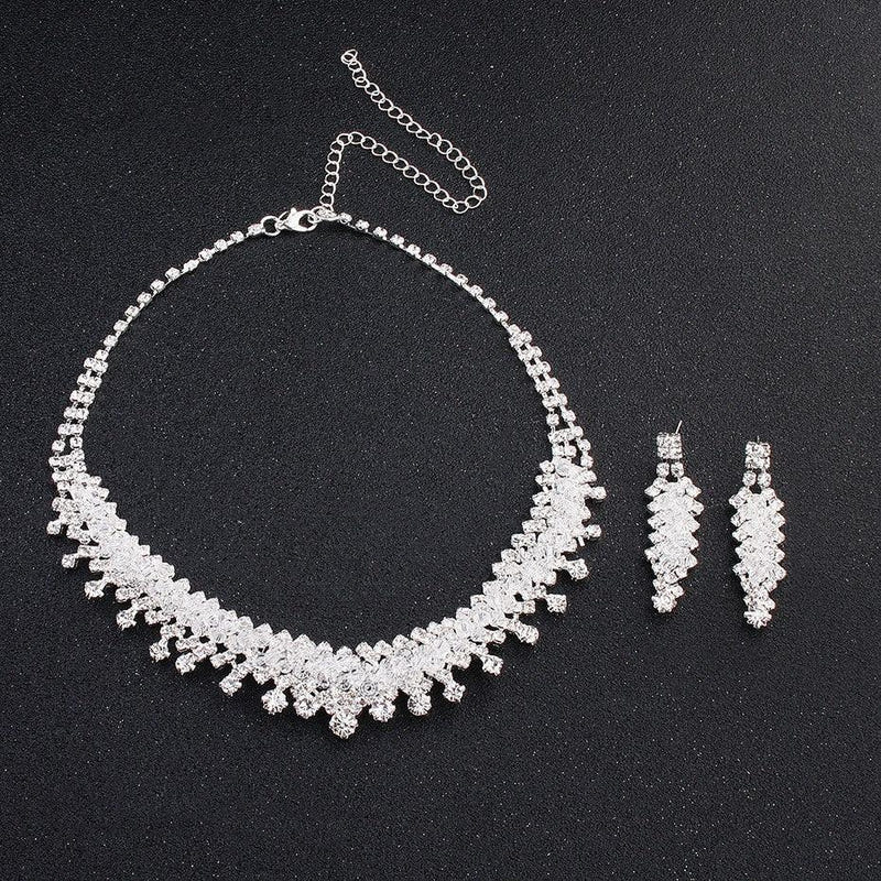 Rhinestone wedding necklace with matching drop earrings set, silver-tone