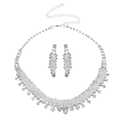 Rhinestone wedding necklace with matching dangling earrings, silver-tone