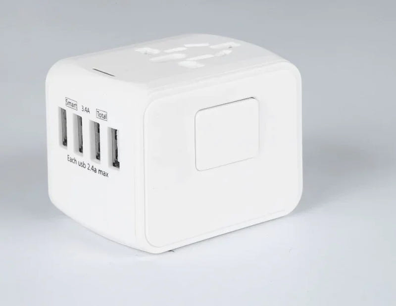 White multi-function wall charger cube with USB ports and power switch panel