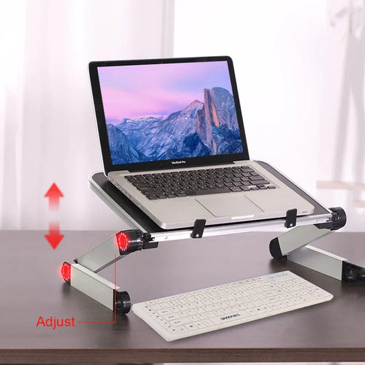 Foldable black laptop stand with adjustable arms and red height indicators