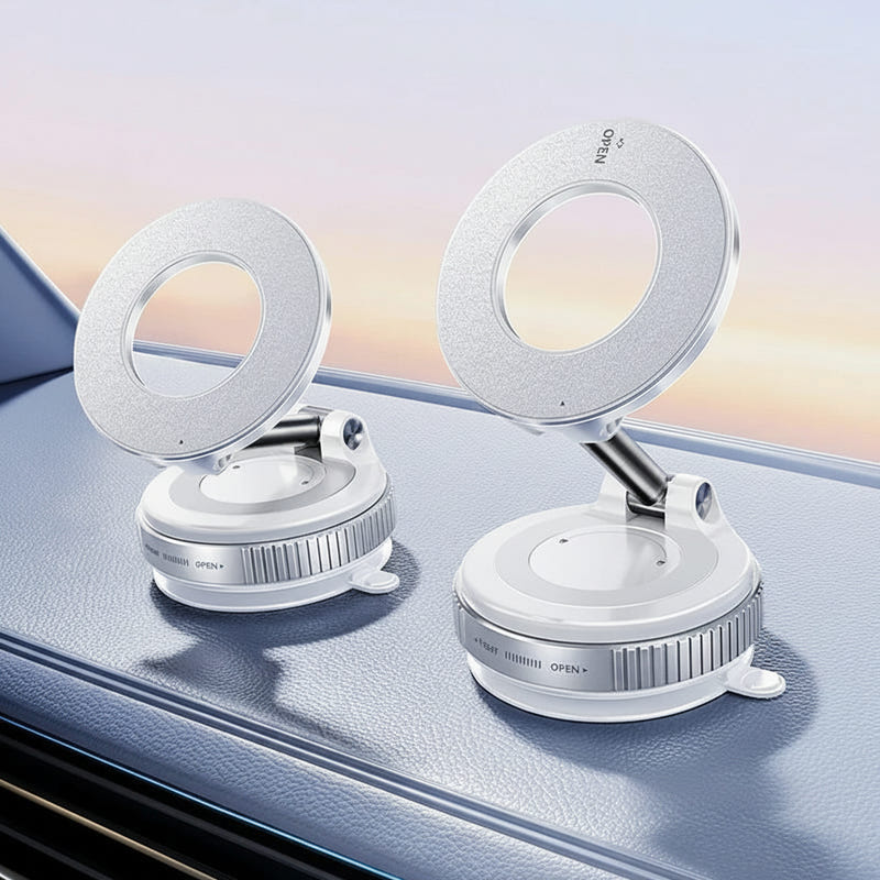 Glacier white magnetic car phone holder, foldable base with adjustable ring mount