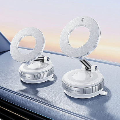 Glacier white magnetic car phone holder, foldable base with adjustable ring mount