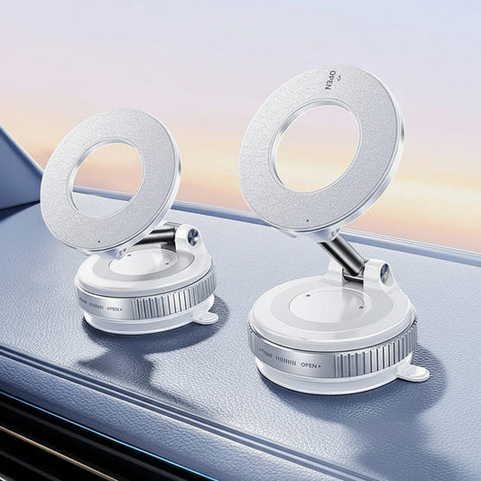 Glacier white magnetic car phone holder, foldable base with adjustable ring mount