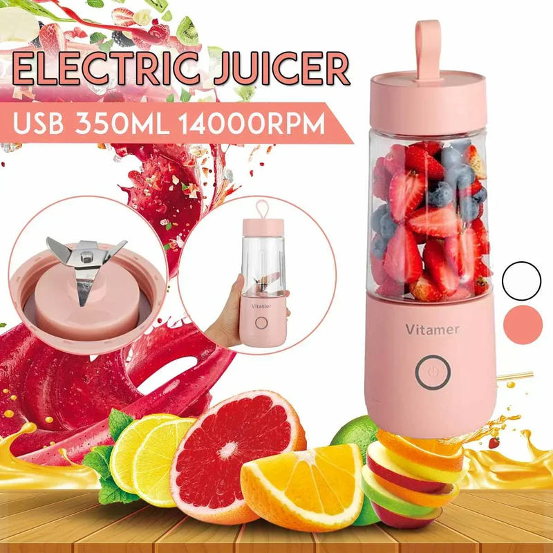 Pink 350ml portable USB rechargeable blender bottle with blending cup and lid
