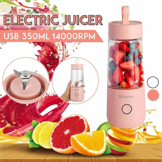 Pink 350ml portable USB rechargeable blender bottle with blending cup and lid