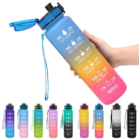 1L gradient motivational water bottle with flip lid; shows multiple color options