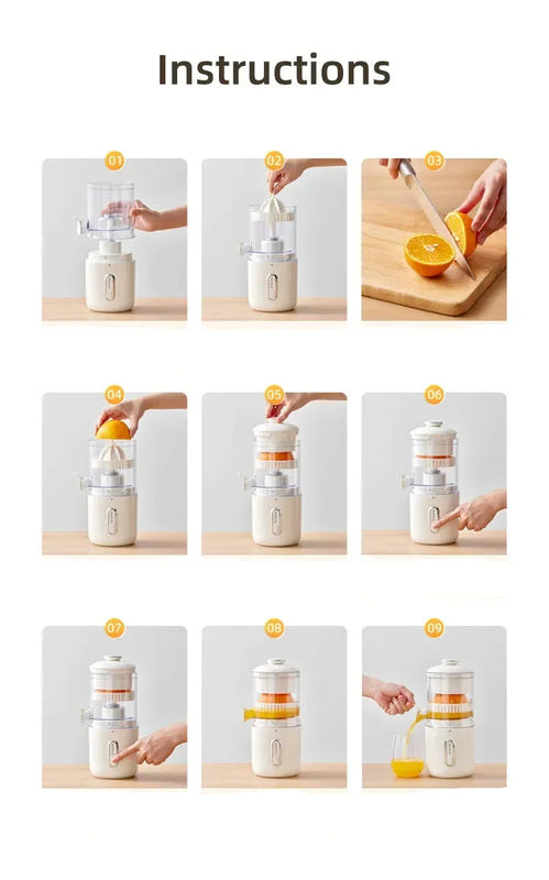 Portable electric juicer instruction steps shown on product guide cards