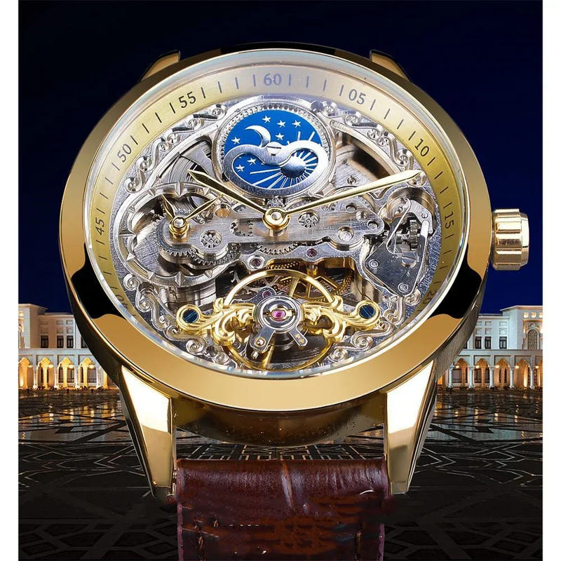 Mechanical skeleton watch with gold case, blue moon phase display, exposed mechanical gears
