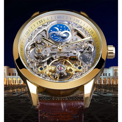 Mechanical skeleton watch with gold case, blue moon phase display, exposed mechanical gears