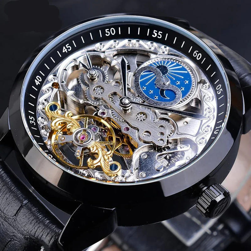 Mechanical skeleton watch with dark case and black leather strap, blue moon phase skeleton dial
