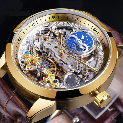 Mechanical skeleton watch with gold case and brown leather strap, blue moon phase movement close-up